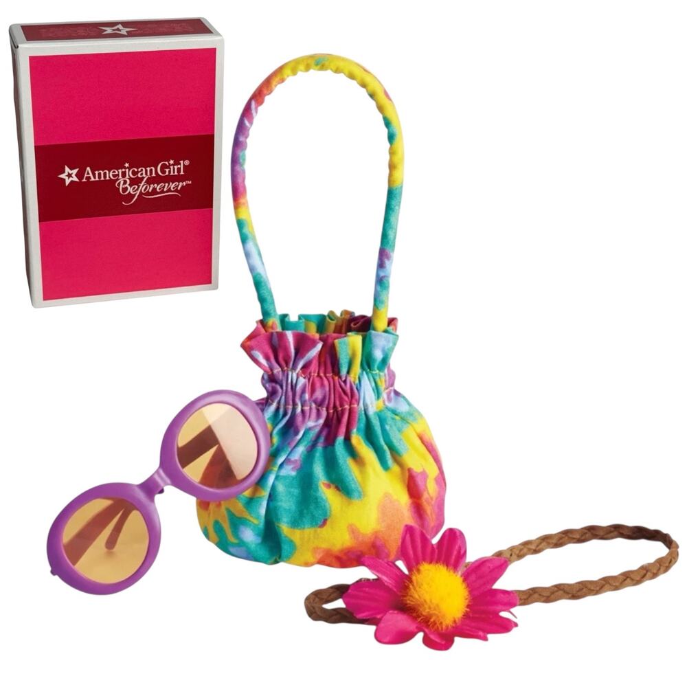 American Girl Doll Julie Accessories Tie Dye Purse Sunglasses Flower Headband